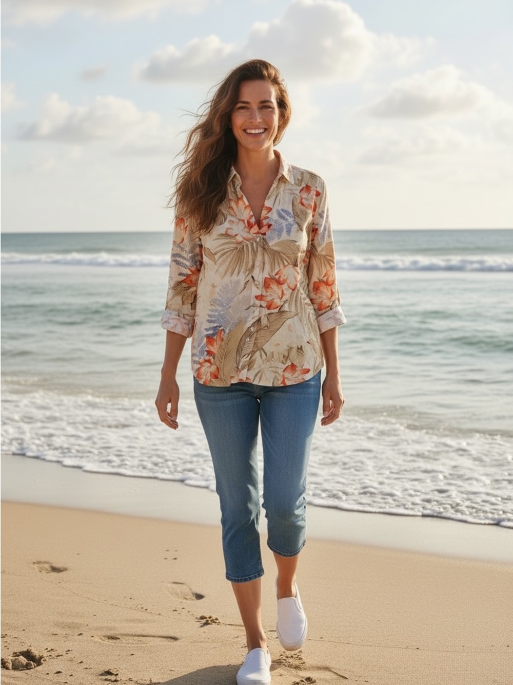 Tommy Bahama Tropical Cream Shirt with Coral & Light Blue Accents, Size S/P